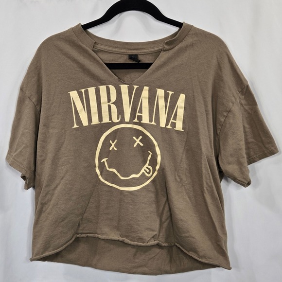 Nirvana Graphic T Shirt Gildan Brown Smiley Face Cropped Top V Neck Tee‎ Grunge - Picture 2 of 9